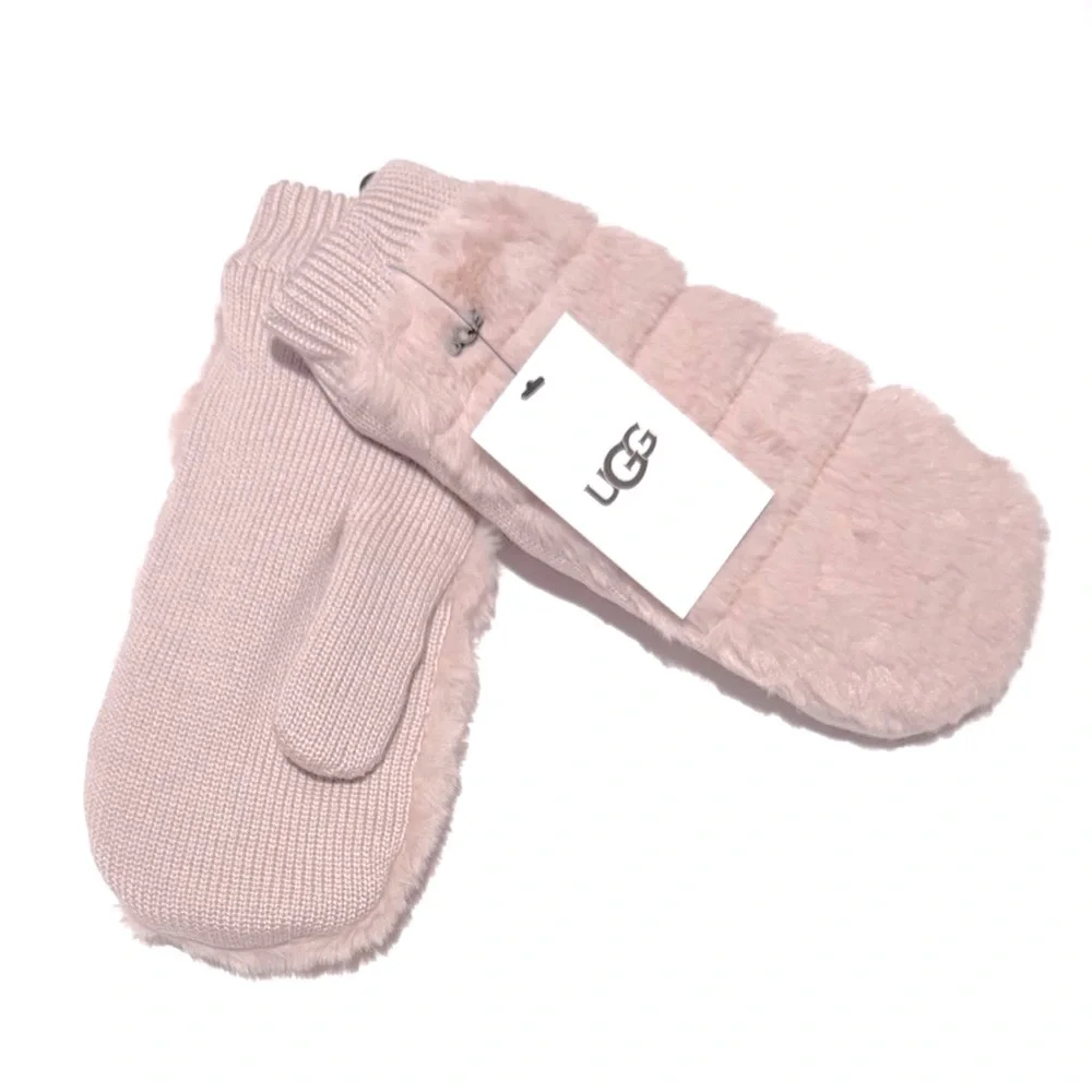 UGG Pink Lush Faux Fur Mittens NWT